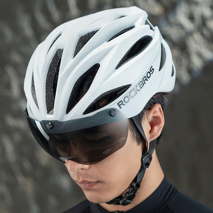 Rockbros Bike Helmet with Visor, Detachable UV Protective Goggles, Unisex, Matte - White