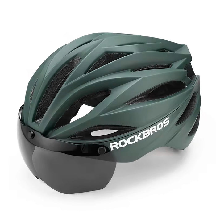 Rockbros Bike Helmet with Visor, Detachable UV Protective Goggles, Unisex - Green
