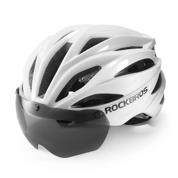 Rockbros Bike Helmet with Visor, Detachable UV Goggles, Unisex, Glossy - White