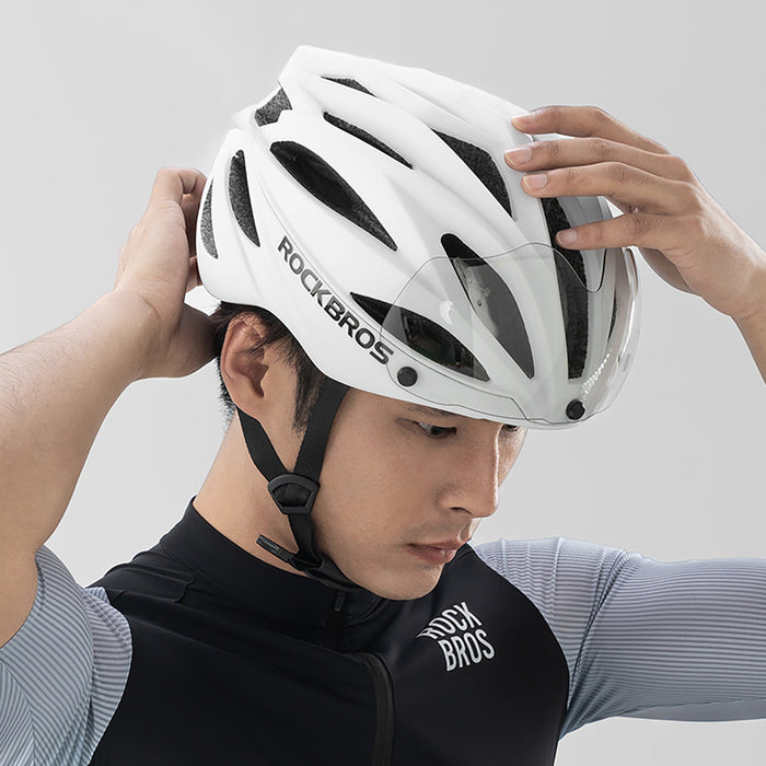 Rockbros Bike Helmet with Visor, Detachable UV Goggles, Unisex, Glossy - White