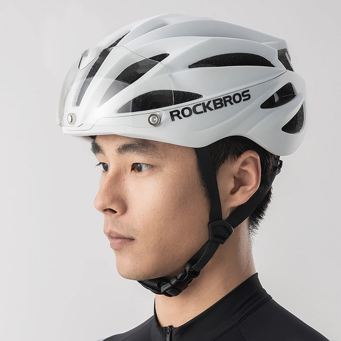 Rockbros Bike Helmet with Visor, Detachable UV Goggles, Unisex, Glossy - White