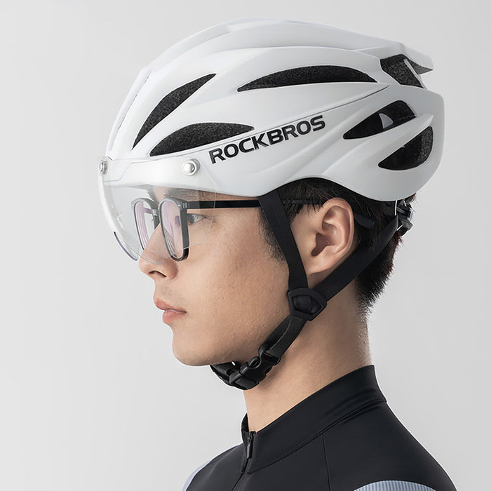 Rockbros Bike Helmet with Visor, Detachable UV Goggles, Unisex, Glossy - White