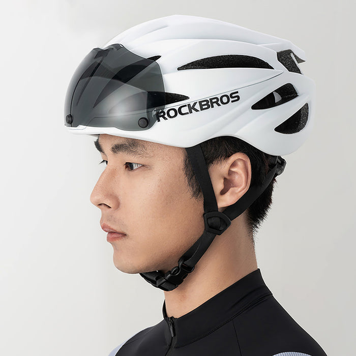 Rockbros Bike Helmet with Visor, Detachable UV Goggles, Unisex, Glossy - White