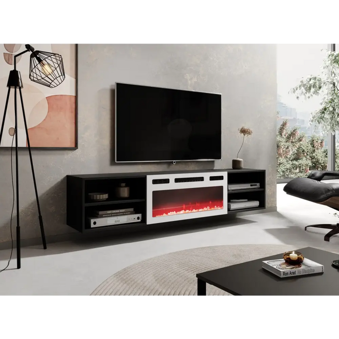 RTV cabinet POLO 180x33x39 black + fireplace white - TV cabinets made of furniture boardSTV-ZPM<<<TV