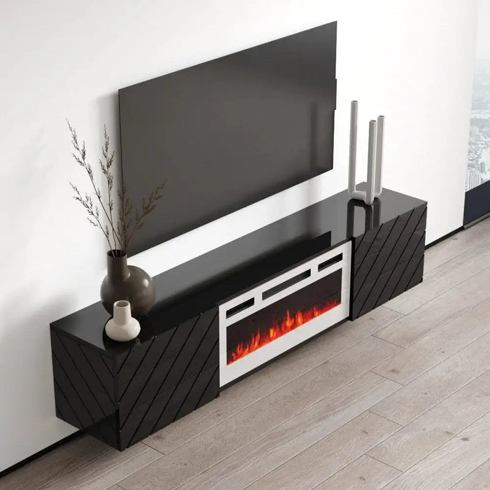 RTV LUXE cabinet 182.6x34.5x37.5 black/black gloss + white fireplace - TV cabinets made of furniture boardSTV-ZPM<<<TV