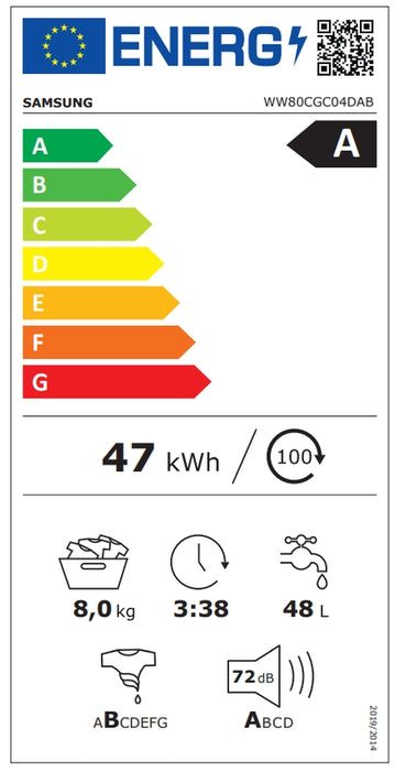 Washing machine SAMSUNG WW80CGC04DABLE, 8 kg, 1400 rpm Eco Bubble, SmartThings, Black Inox