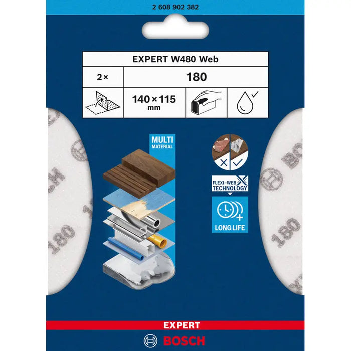 SANDING PADS 115X140 P180 2 PCS BOSCH EXPERT W480 - Шкурки за ръчно шлайфане<<<Консумативи за