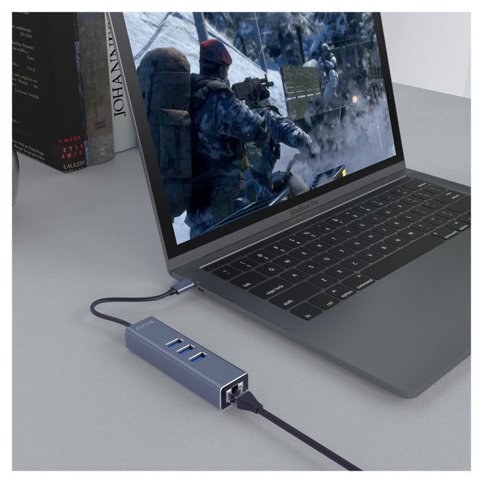 Savio AK-57 USB-C - 3 x USB-A HUB with RJ-45 Gigabit Ethernet adapter, 5000 Mbit/s, grey