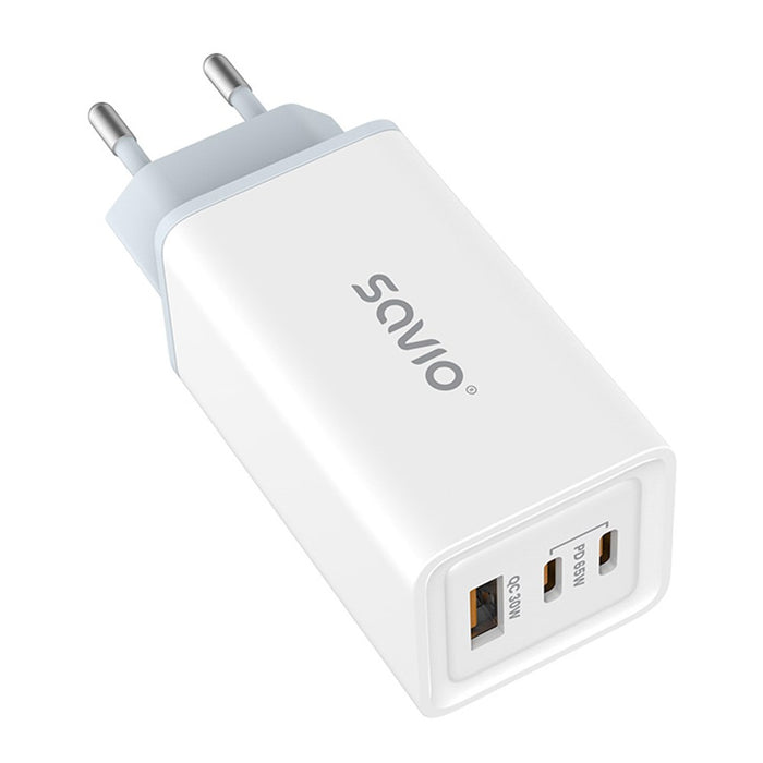 SAVIO LA-07 GaN 65W mains charger, USB, QC4.0+, PD 3.0, White