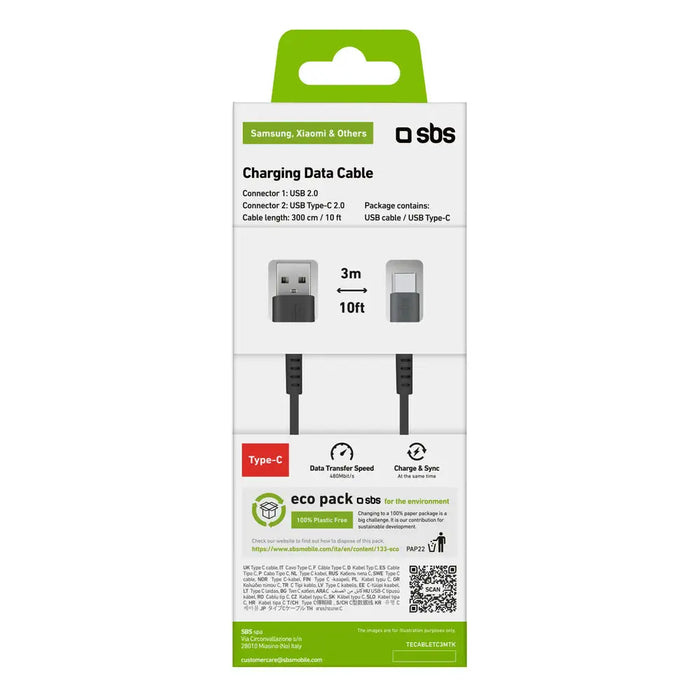 SBS TECABLETC3MTK USB-A - USB-C Cable 3m - Black - Cell phone cables<<<HurtelXML