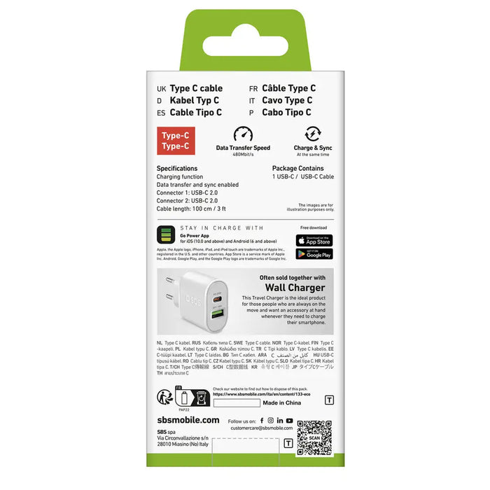 SBS TECABLETCC10W USB-C Cable - USB-C Power Delivery 25W 1 m - white - Cell phone cables<<<HurtelXML