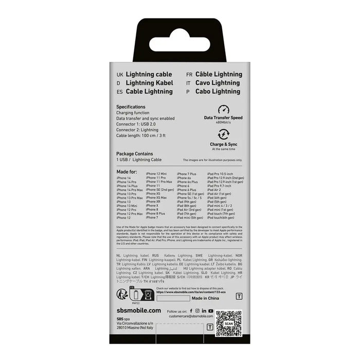 SBS TECABLEUSBIP589K USB-A - Lightning Cable 1m MFi Certified - Black - Cell phone cables<<<HurtelXML