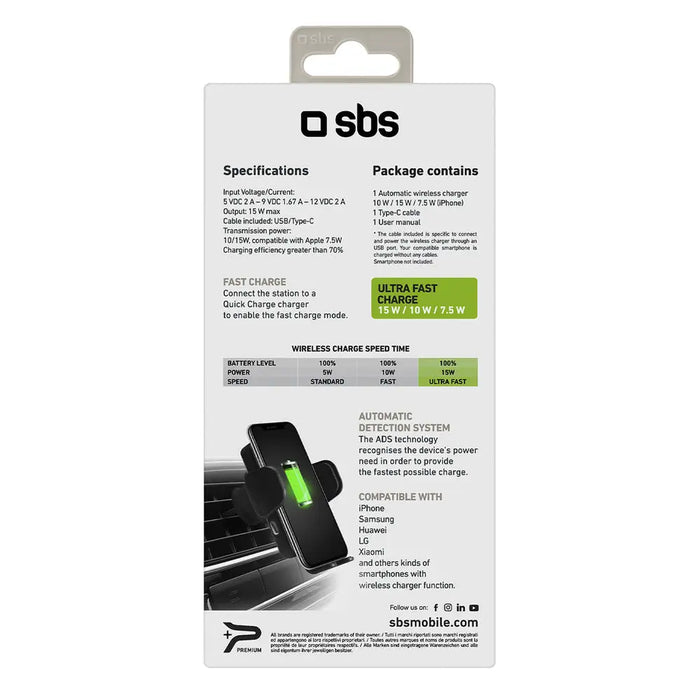 SBS TESUPWIR15WAUT smartphone holder with wireless charger for air vent - black - Cell phone holders<<<HurtelXML