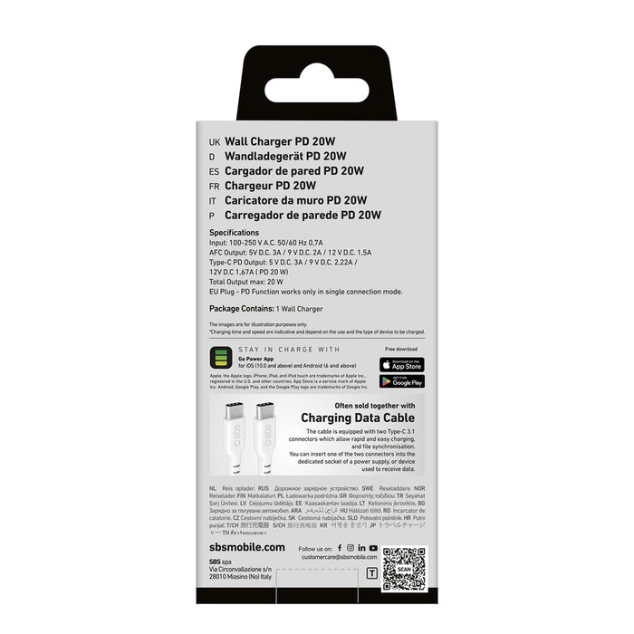 SBS TETRPD20W 20W USB-A USB-C Wall Charger with Power Delivery - White