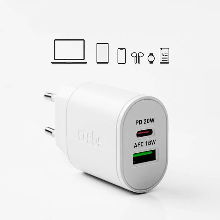 SBS TETRPD20W 20W USB-A USB-C Wall Charger with Power Delivery - White