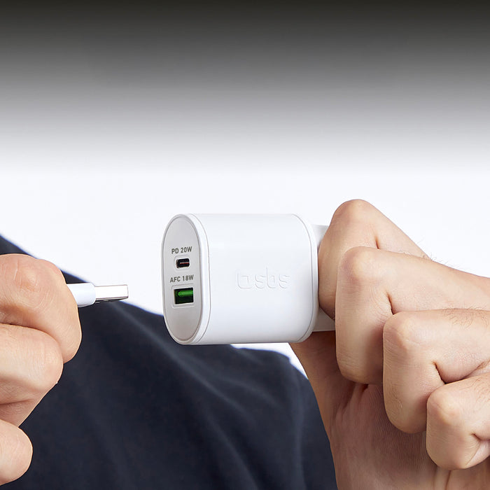 SBS TETRPD20W 20W USB-A USB-C Wall Charger with Power Delivery - White