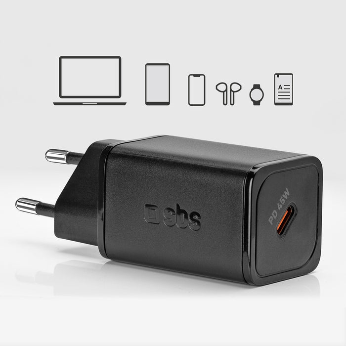 SBS TETRGAN1C45W 45W GaN USB-C Wall Charger with Power Delivery - Black