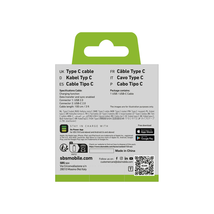 SBS TECABLETYC1KPOS USB-A - USB-C Cable 1m - Black