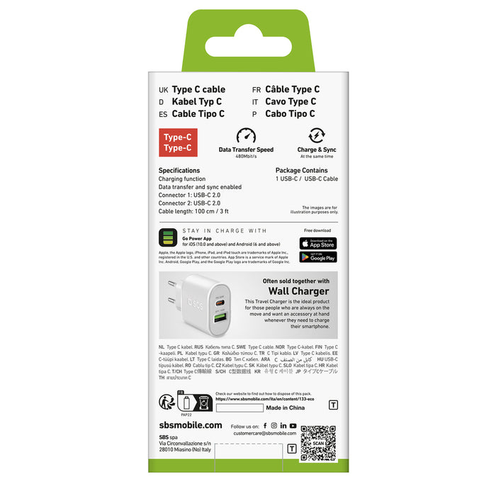 SBS TECABLETCC10W USB-C Cable - USB-C Power Delivery 25W 1 m - white