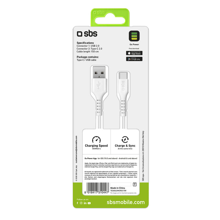 SBS TECABLEMICROC15W USB-A - USB-C Cable 1.5m - White