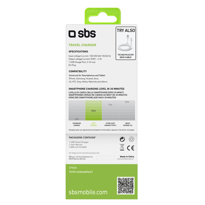 SBS TETR1USB2AWFAST 10W USB-A Wall Charger - White