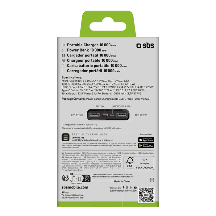 Powerbank SBS TTBB10000FASTPD20K 10000 mAh 20W with Power Delivery - black