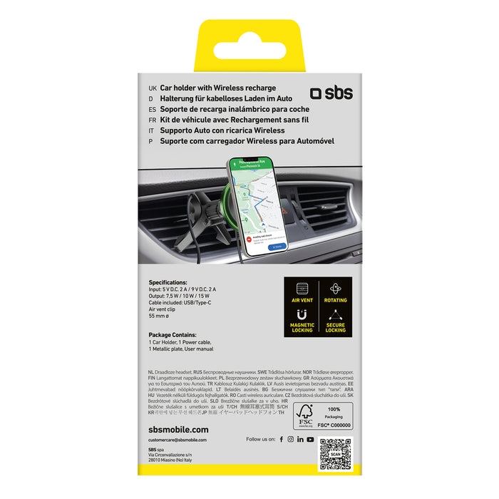 Smartphone holder with wireless charger SBS TESUPMAGWIR15W for air vent, compatible with MagSafe - black