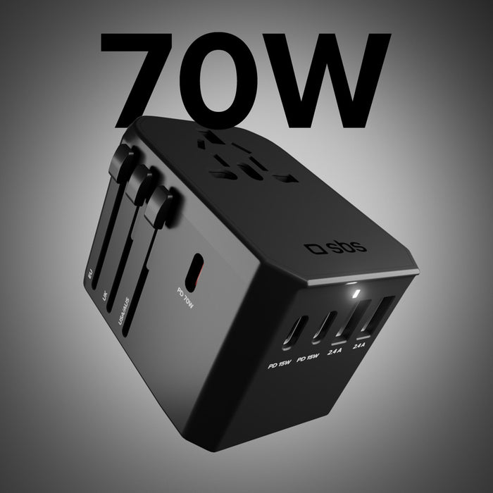 SBS Universal GaN Travel Adapter 70W 3xUSB-C 2xUSB-A with Case - Black