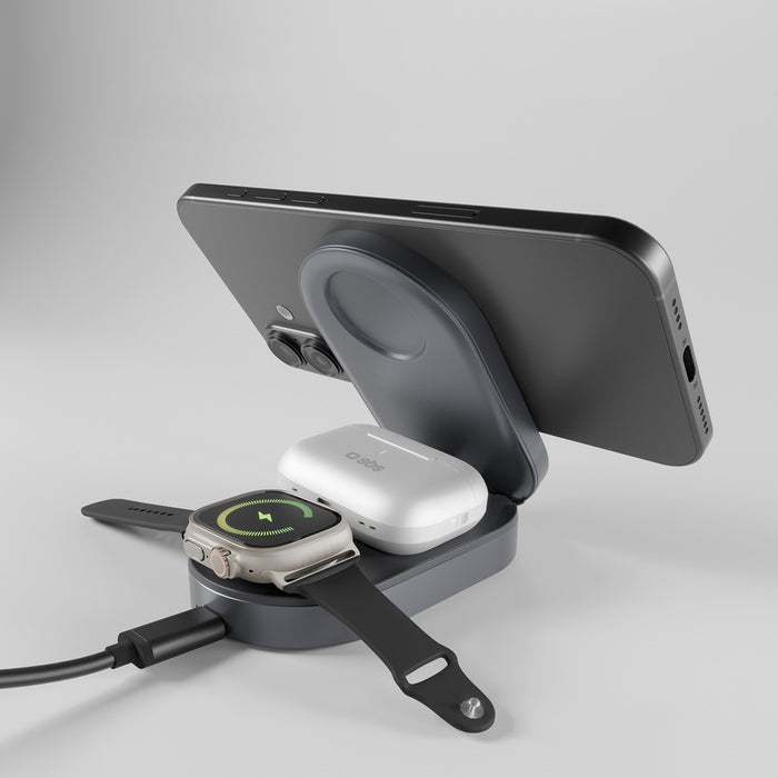 SBS 3-in-1 Foldable Wireless Charging Station QI2 MFI - Made for iPhone - Black