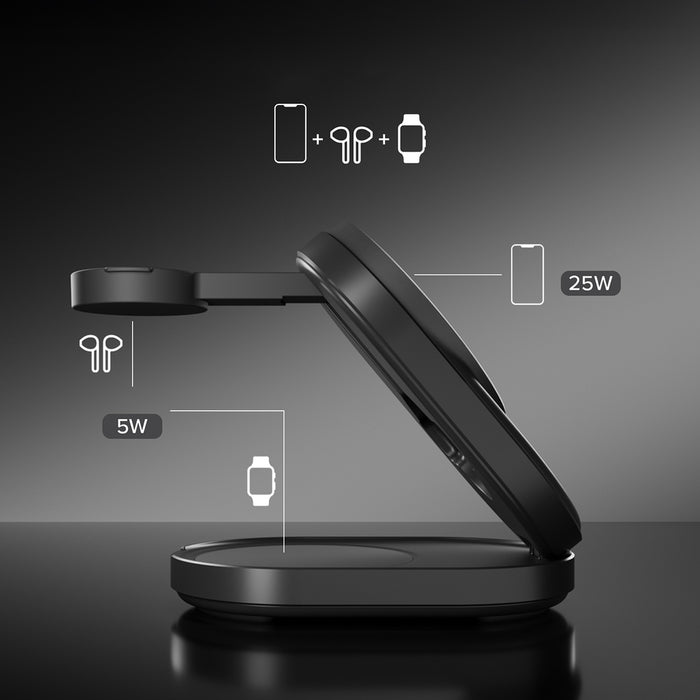 SBS Qi2.2 25W Inductive 3-in-1 Foldable Charging Station with MFI Certificate - Black