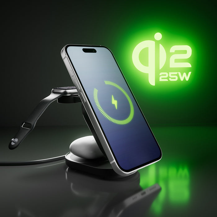 SBS Qi2.2 25W Inductive 3-in-1 Foldable Charging Station with MFI Certificate - Black