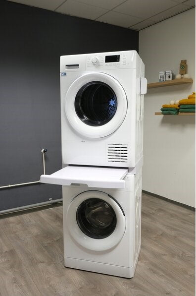 Washing machine and dryer stacking kit with drawer and strap, white