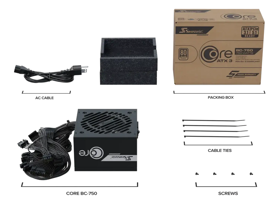 Seasonic CORE BC 750W 80+ Bronze Power Supply, ATX 3.1, PCIe 5.1