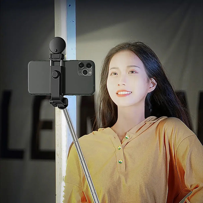 Selfie stick WH1YXS telescopic tripod 1m with round lamp and phone holder - black - Photo accessories<<<HurtelXML