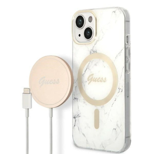 Set Guess GUBPP14SHMEACSH Case+ Charger iPhone 14 6.1’’ white/white hard case Marble MagSafe - Cell phone cases