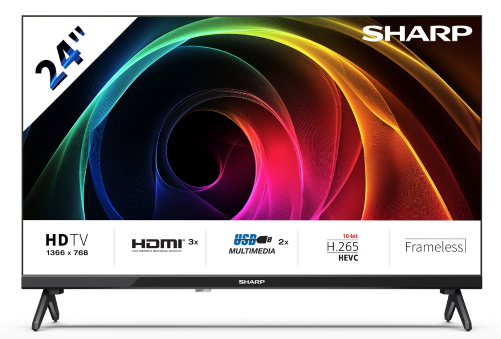 Sharp 24HA1205E, 24" LED HD 1366x768 Frameless, 100 000:1, DVB-T/T2/C/S/S2, Active Motion 100, Speaker 2x3W, Dolby Digital, CI+, 3xHDMI (ARC/CEC), 2xUSB, LAN, Video/Audio input (3 x RCA), Hotel Mode, E, 2 pole Stand