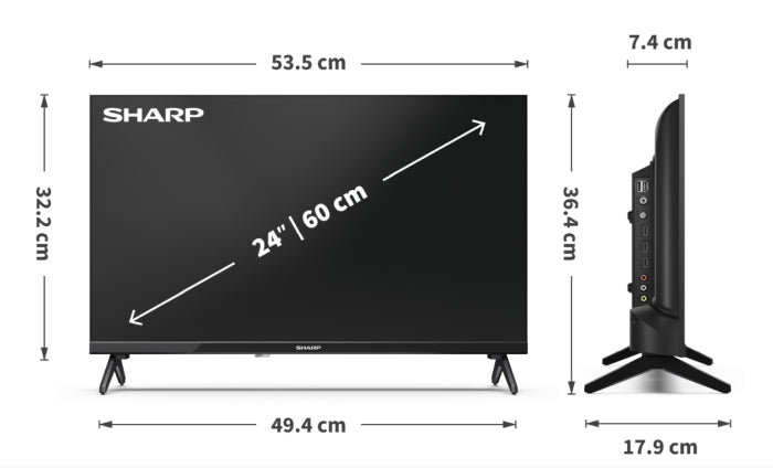 Sharp 24HA1205E, 24" LED HD 1366x768 Frameless, 100 000:1, DVB-T/T2/C/S/S2, Active Motion 100, Speaker 2x3W, Dolby Digital, CI+, 3xHDMI (ARC/CEC), 2xUSB, LAN, Video/Audio input (3 x RCA), Hotel Mode, E, 2 pole Stand