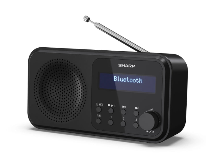 Sharp Radios DR-P420(BK), PORTABLE DIGITAL RADIO, Bluetooth 5.0, 20 DAB+/DAB/FM, Auto time/date, LCD Display, Dual alarm,Micro USB x1 (power supply),3.5mm Headphone jack / line-out, Black