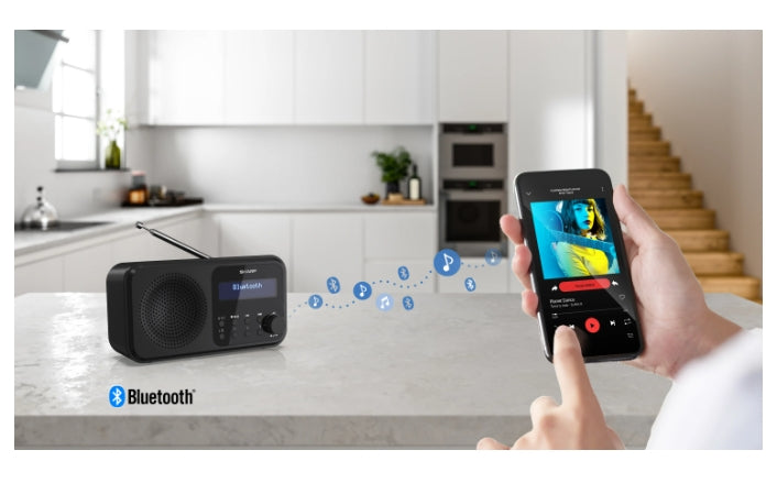 Sharp Radios DR-P420(BK), PORTABLE DIGITAL RADIO, Bluetooth 5.0, 20 DAB+/DAB/FM, Auto time/date, LCD Display, Dual alarm,Micro USB x1 (power supply),3.5mm Headphone jack / line-out, Black