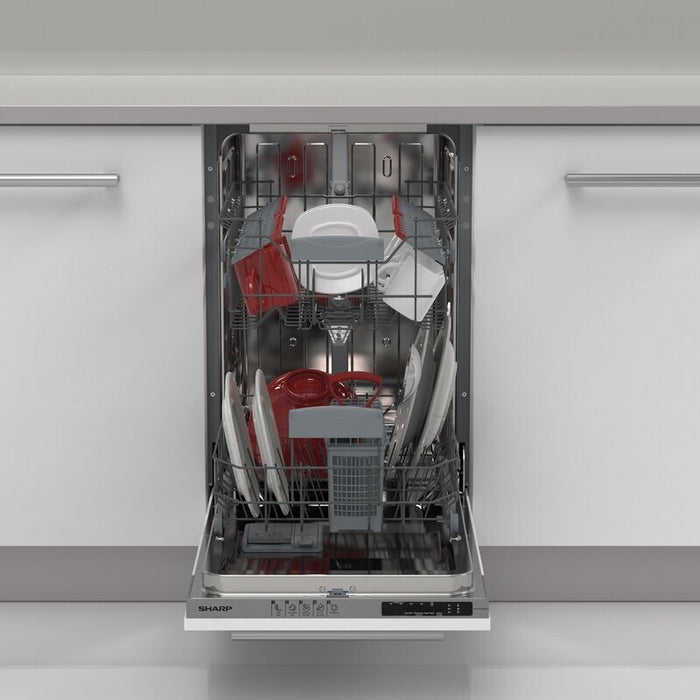 Built-in dishwasher Sharp QW-NS14I49EX, 10 sets, E, 45 W, mm