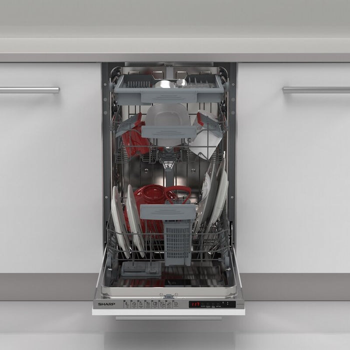 Built-in dishwasher Sharp QW-NS1GI47EX, 10 sets, E, 45 W, mm