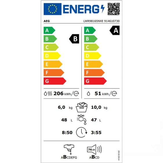 Washing machine with dryer AEG LWR98165NXE, 10/6 kg, ProSteam®, 1600 rpm.
