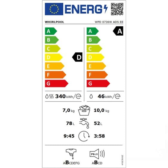 Washer dryer WHIRLPOOL WPD 0736W ADS EE, 10/7 kg, FreshCare+, 6th SENSE, 1400 rpm.