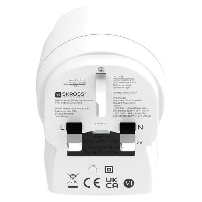 Skross universal adapter Europe to UK + 1 x USB A/C port, 20W 1500283E