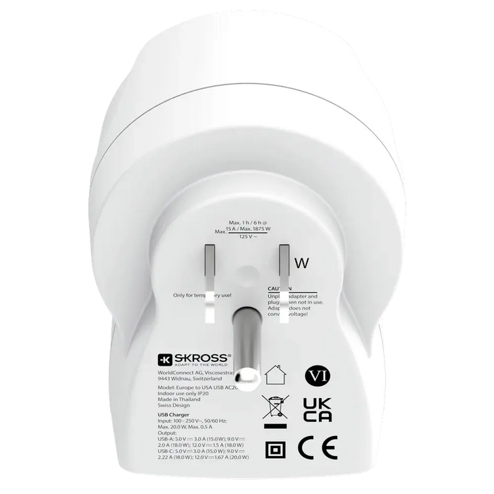 Skross universal adapter Europe to USA+1xUSB A/C, 20W, 1500284E