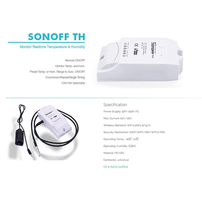 Smart Wi-Fi switch Sonoff TH16, 16A 2200W, with a sensor for temperature and humidity