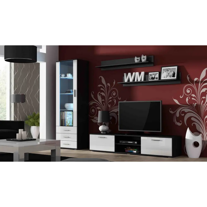 SOHO 1 furniture set (TV180 cabinet + S1 cabinet + shelves) Black / White Gloss - Modern wall unitsMES-NOW<<<Wall