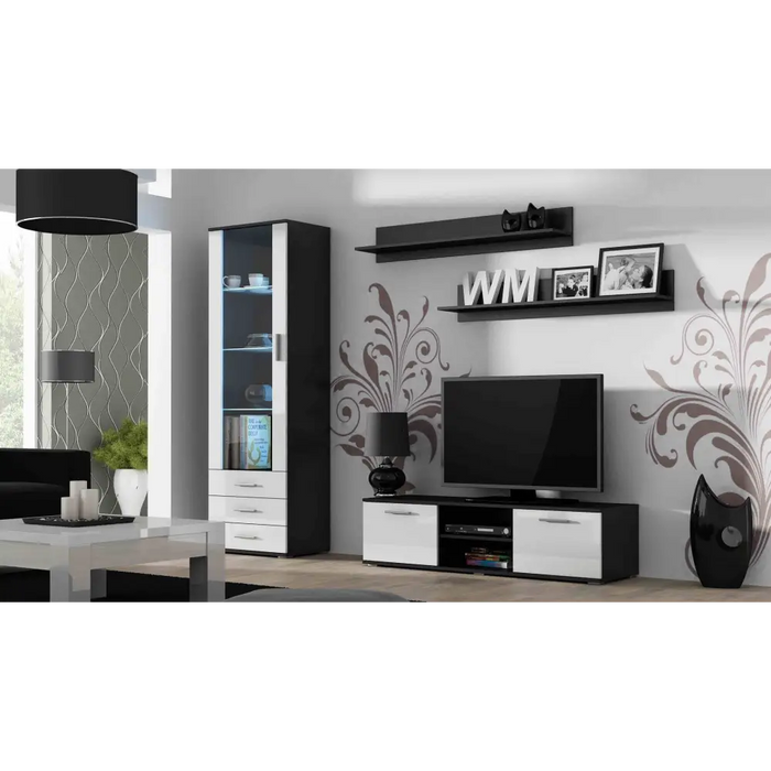 SOHO 7 set (RTV140 + S1 cabinet + shelves) Black / White gloss - Modern wall unitsMES-NOW<<<Wall UnitsMES<<<ActionPL