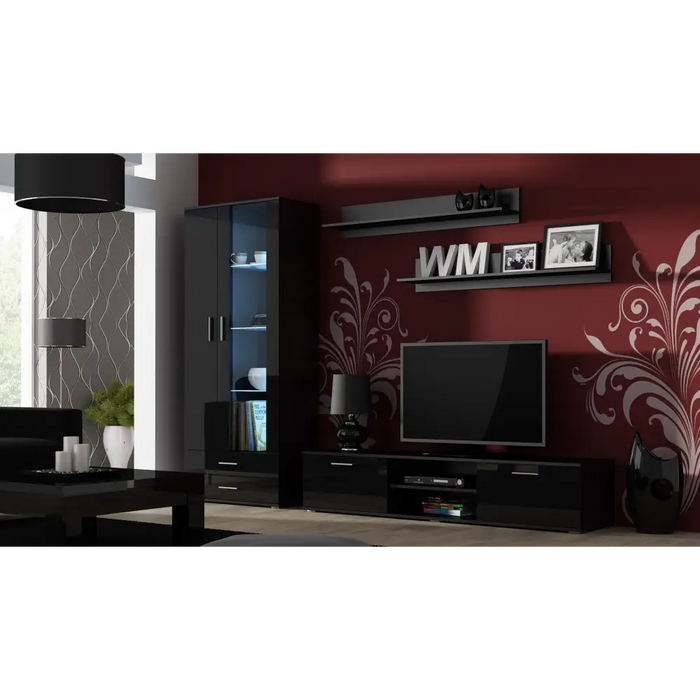 SOHO 8 set (RTV180 cabinet + S6 + shelves) Black / Black gloss - Modern wall unitsMES-NOW<<<Wall UnitsMES<<<ActionPL