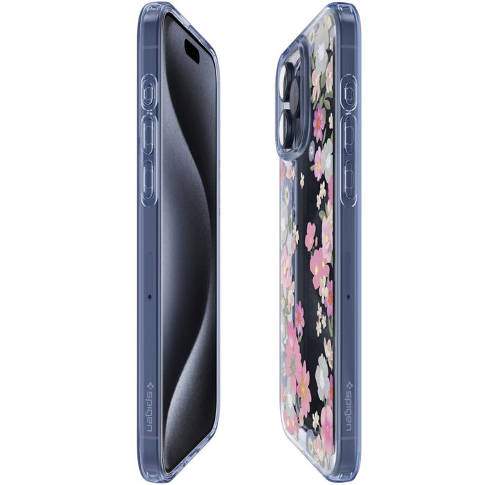 Spigen Liquid Crystal iPhone 15 Pro Case - Pink and Blue Flowers